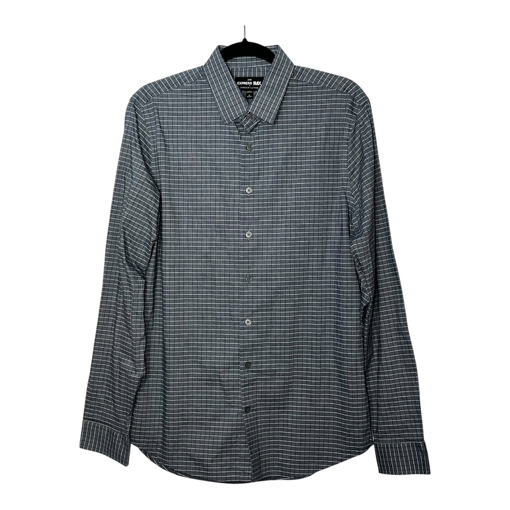 Express 1MX Slim Fit Shirt Men Medium 15-15.5 Navy Blue White Grid Check Stretch